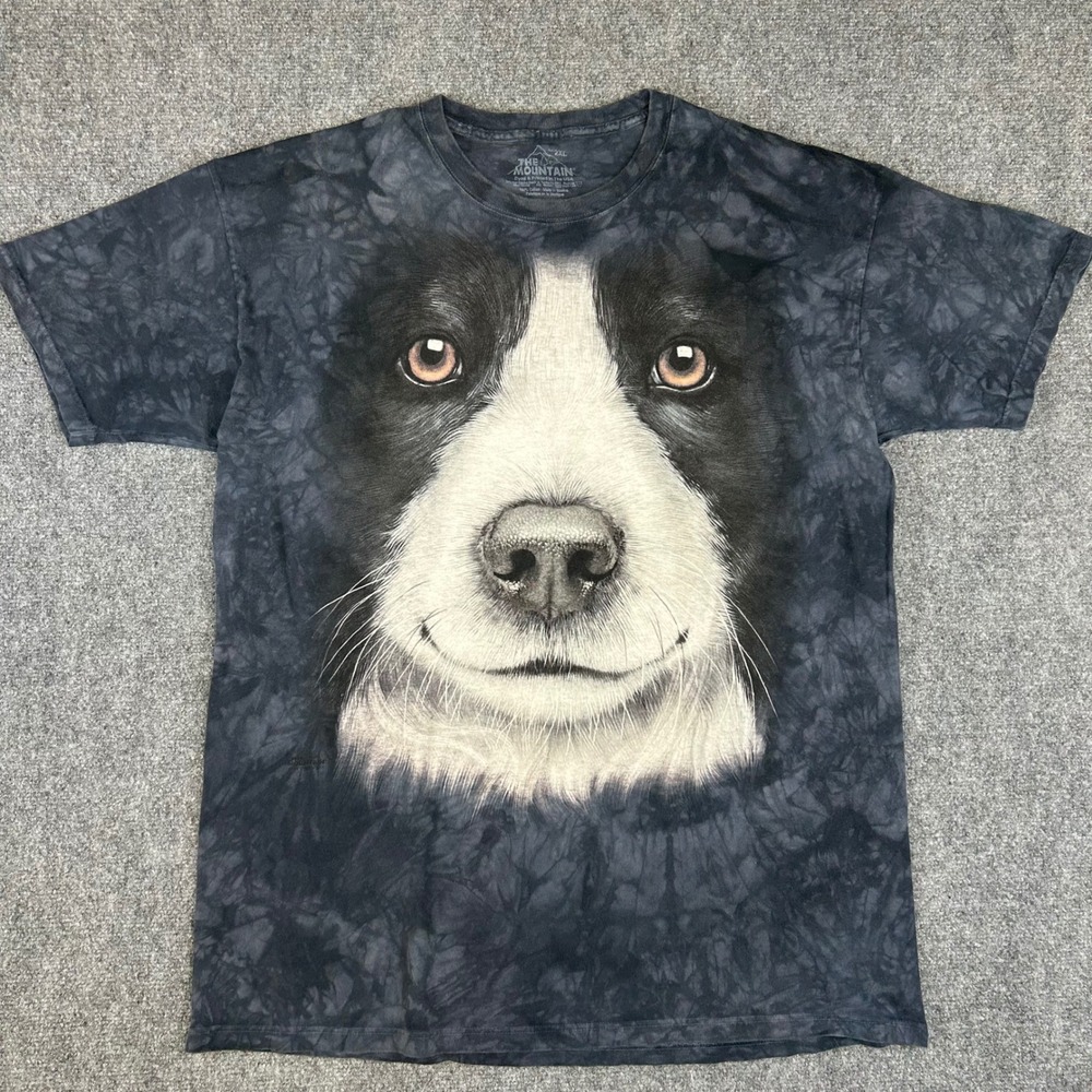 The Mountain Border Collie Dog Face Tie Dye Graphic T-Shirt Mens 2XL Black Grey